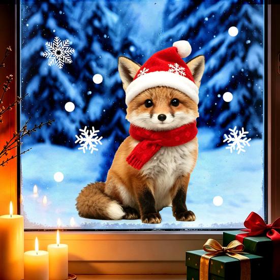 Durable Holiday Window Stickers Christmas Animal Static Clings, Cute Cat/Puppy/Racoon Stickers, PVC Winter Home Accents Waterproof Glass Sticker