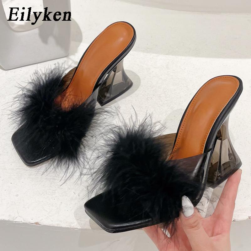 Eilyken Mode Bonbonfarben Feder Damen Hausschuhe Transparent Kristall Plexiglas Hufabsätze Peep Toe Pantoletten Slides Schuhe