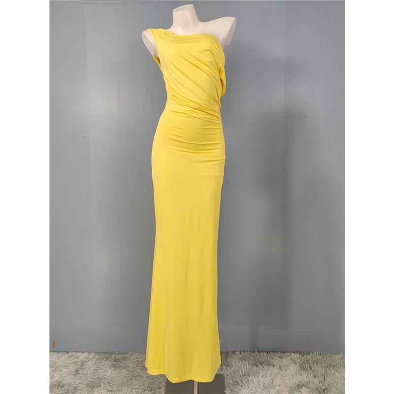 Foreign Trade Order Sexy Personality Elegant Niche Fashion Single Shoulder Pleat Oblique Collar Elastic Slimming Pure Desire Gyaru Dress