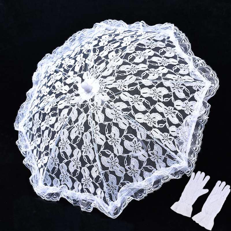 Ombrello Bianco Pizzo Europeo per Damigella d'Onore Matrimonio - Piccola Dimensione con Manico Lungo in Acciaio Inossidabile.