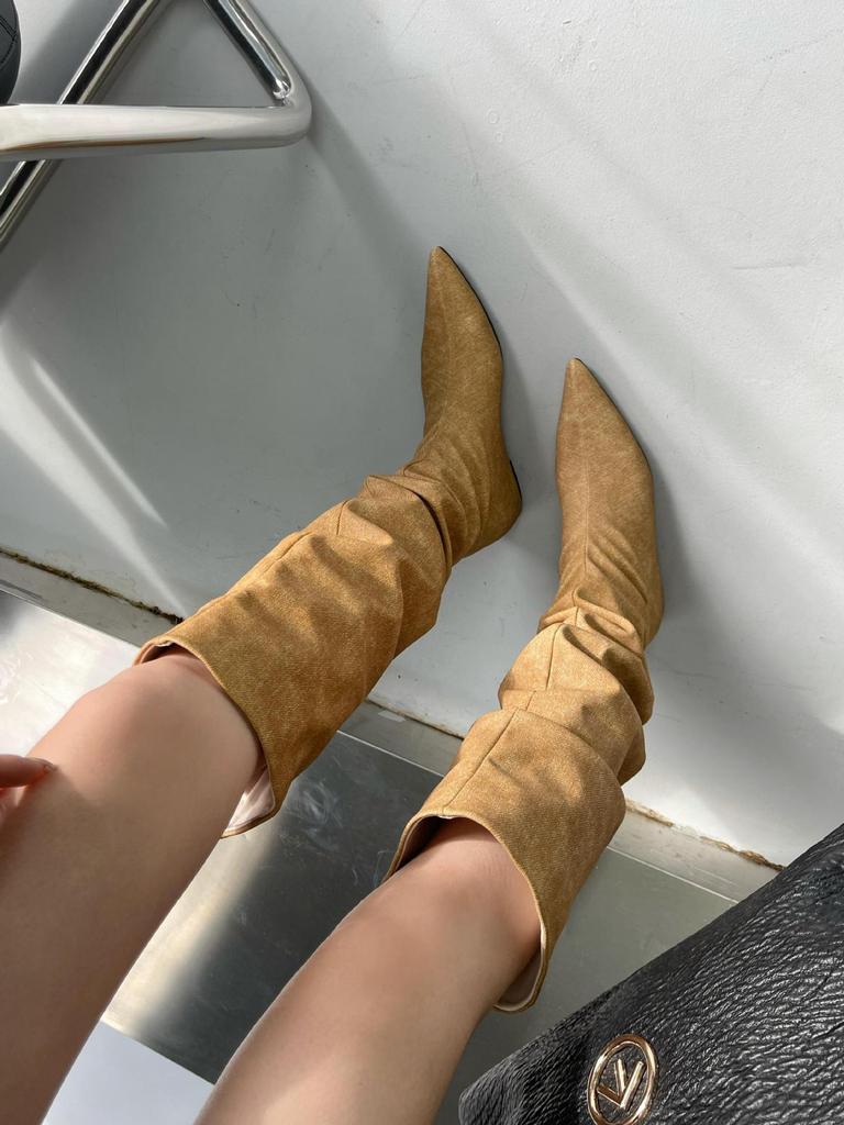 2025 Autumn New Models Are Flat-bottomed Pointed-toed Tall Tube Two-through Knee Denim Blue Thin Knight Women's Pleated Boots