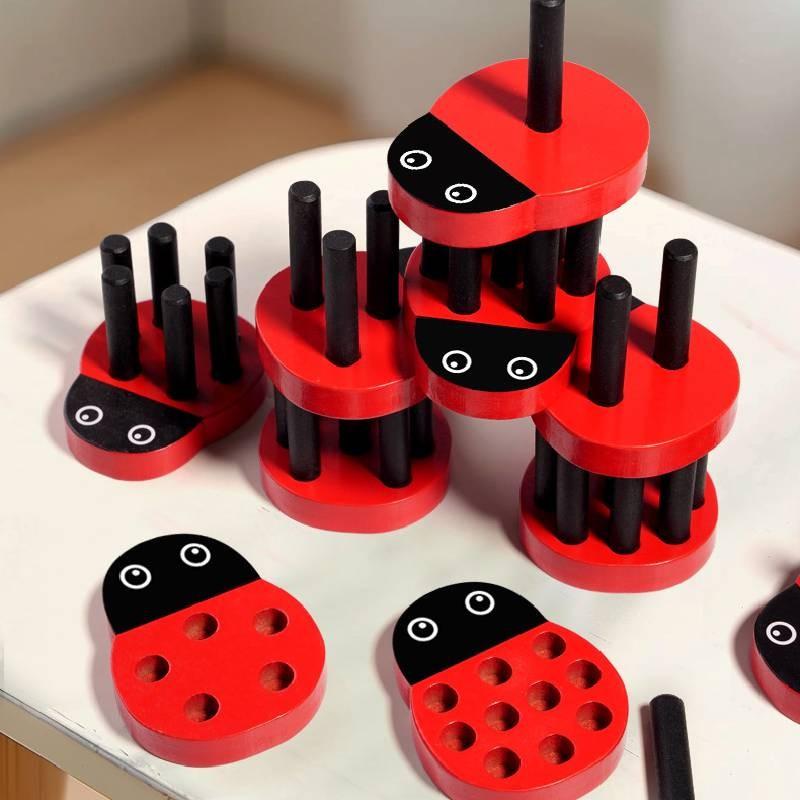 Fun Number Cognition Pairing Wooden Ladybug Stacked High Children Puzzle Toy For Early Childhood Learning