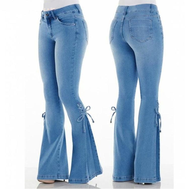 Autumn Women's Casual Mid-waist Tie Denim Trousers