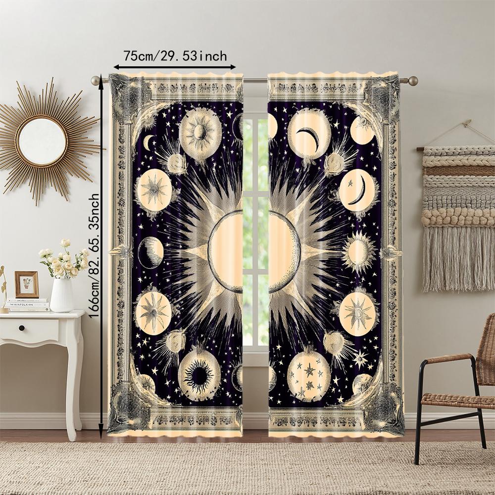 2Pcs Bohemian Moon Sun Window Curtain Vintage Star Design Polyester Material Rod Pocket Drapes For Bedroom Living Room