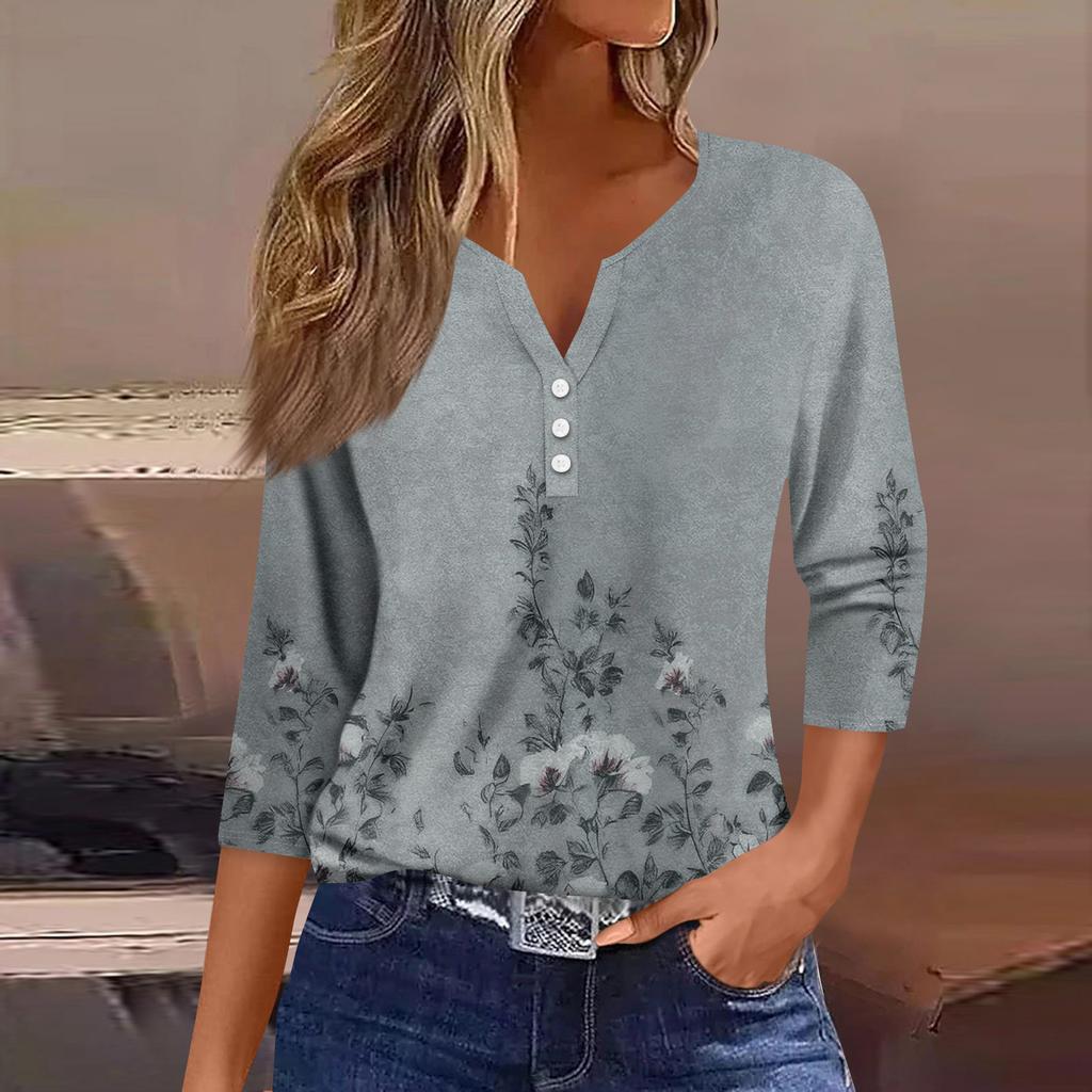 Lässiges Damen-Oberteil mit Dreiviertelärmeln und V-Ausschnitt und Blumendruck