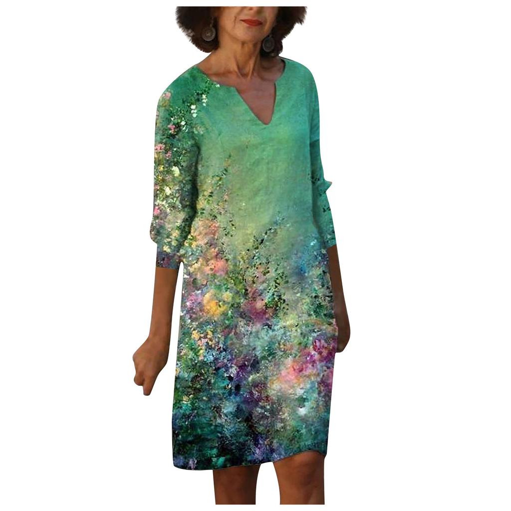 Women Summer V-neck Folk-custom Plus Size Print Loose Mid-sleeve Dress