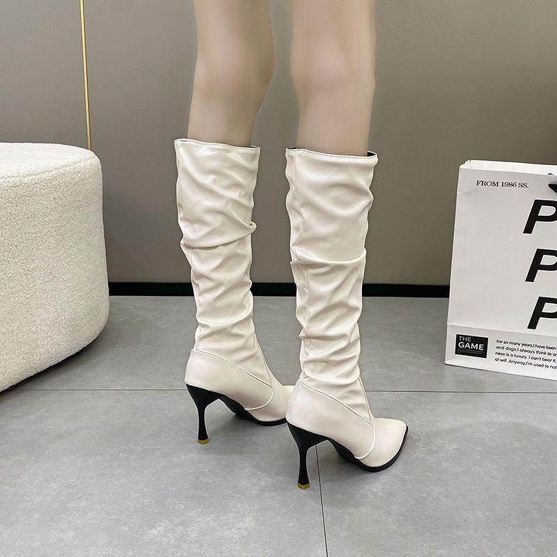European and American pointed-toed pleated high boots women's 2025 autumn and winter thin-heeled hot girls pile boots high-heeled but knee-length bo