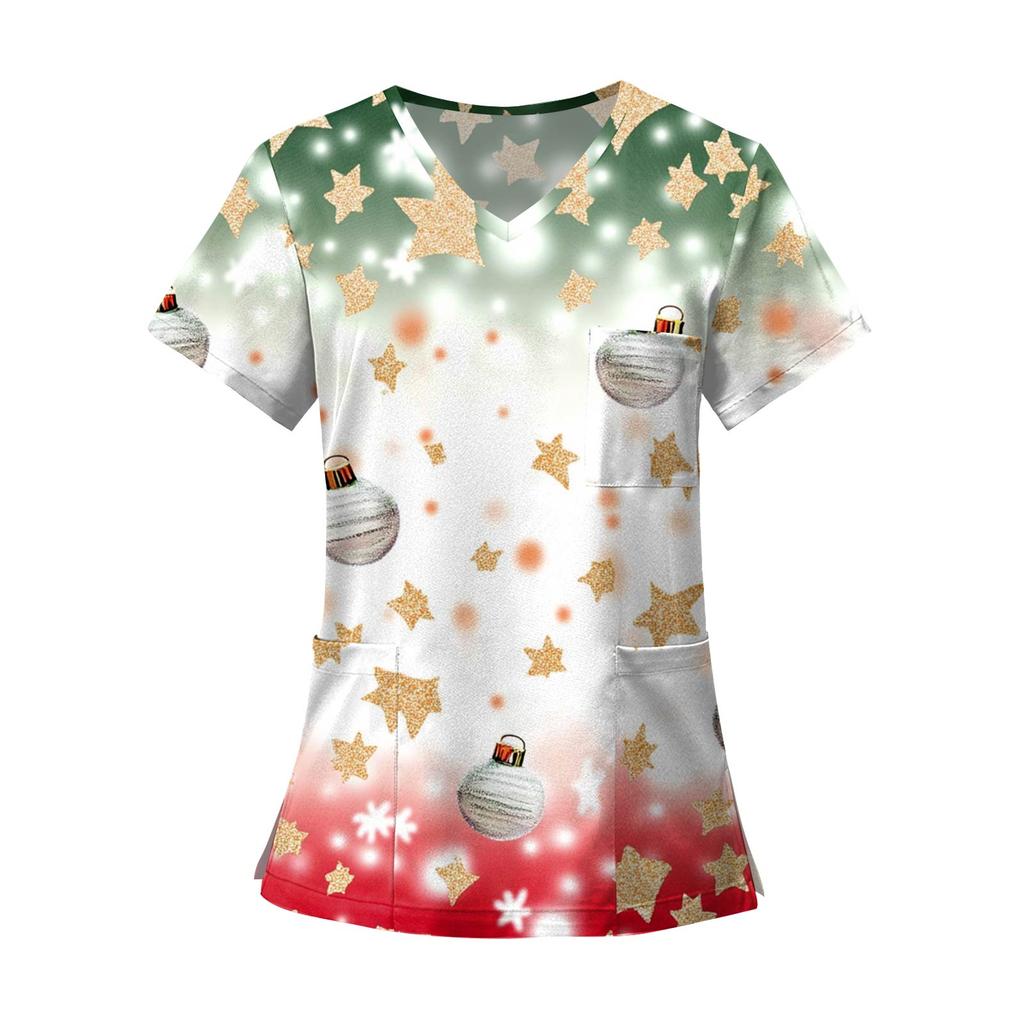 Women's Fashion Printed Short Sleeve V Neck Pattern Tops Pocket Working T-shirts
