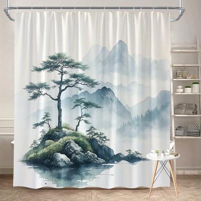 1pc Serene Mountain Landscape Shower Curtain, Polyester, Digital Painting, Woven, Machine Washable, Fashion Theme