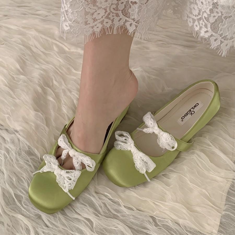 French gentle satin lace bow Mary Jane shoes women's inner height-increasing single shoes 2025 new shallow mouth ballet shoes