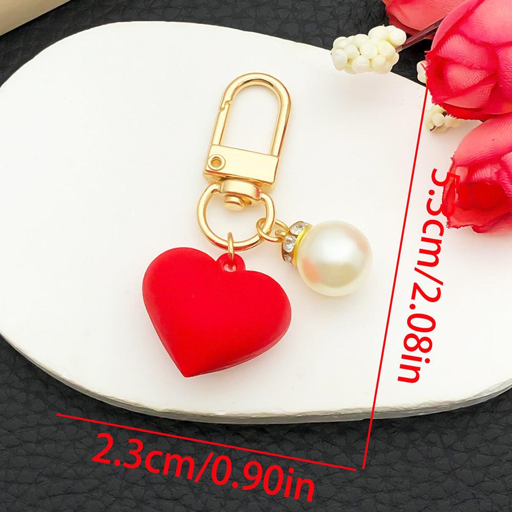3D Red Resin Heart & Rhinestone Pearl U-Shaped Keychain Pendant