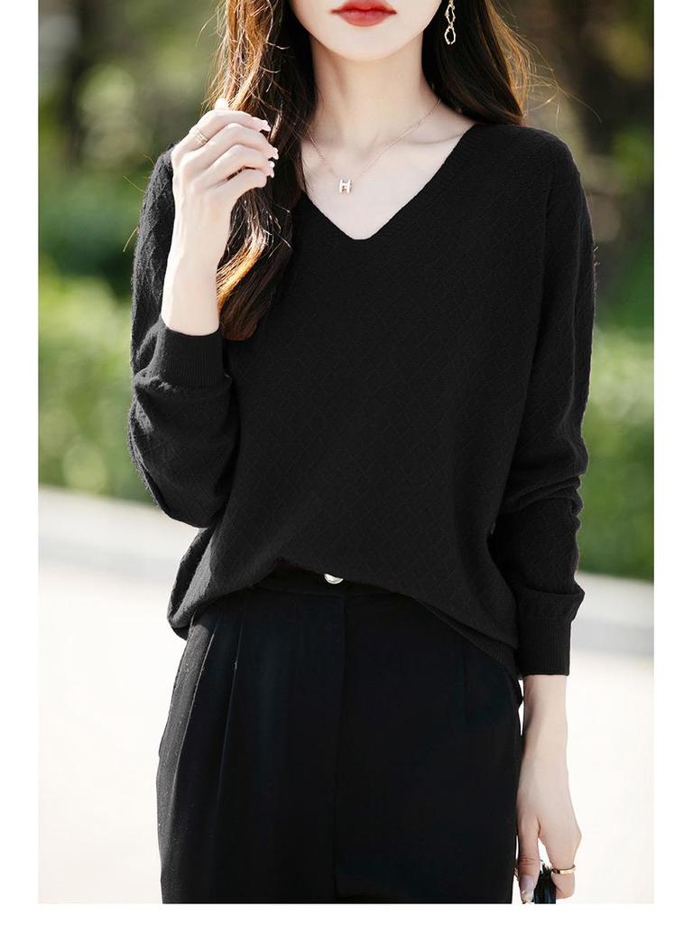Autumn 2024 Women's Knitted V-Neck Sweater - Long-Sleeved Velvet Prismatic Korean Style