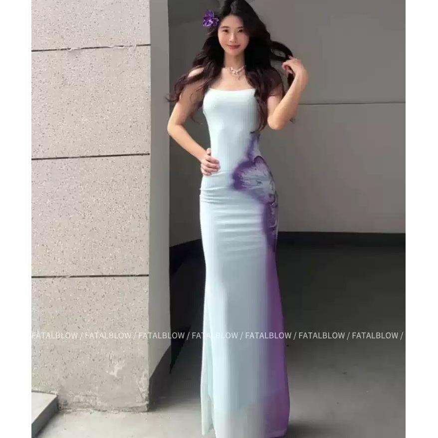 Blue printed suspender dress women's summer seaside vacation temperament waist beautiful fish tail hip long skirt