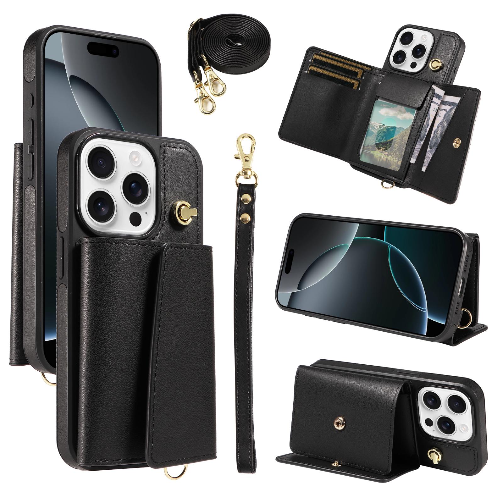 

For iPhone 16 Pro Max Crossbody Phone Case Card Holder Kickstand Leather Coated TPU Mobile Cover A