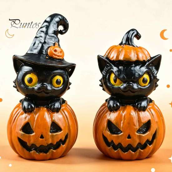 Creative Gift for Halloween Lovers Black Cat & Pumpkin Resin Ornaments, Cute Desktop Figurines, Artistic Craft Collectibles Cartoon And Statue