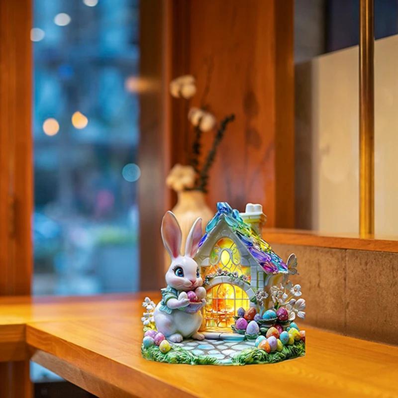 Easter Bunny Ornament Flat Acrylic Ornament Rabbit House Single Desktop Home Office Garden Ornament Yard Decoration Gift