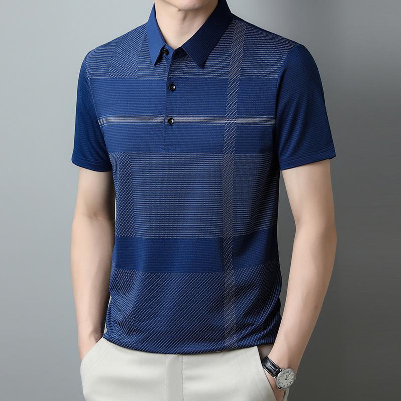Men'S High Elastic Short Sleeve T-Shirt Thin Loose Dad Stripe Printed Polo Shirt Top