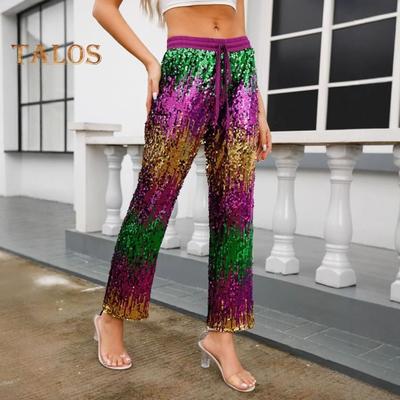 Women Pants Elastic Waist Adjustable Drawstring Straight Wide Leg Trousers Shiny Sequins Pants Vacation Work Daily Wear