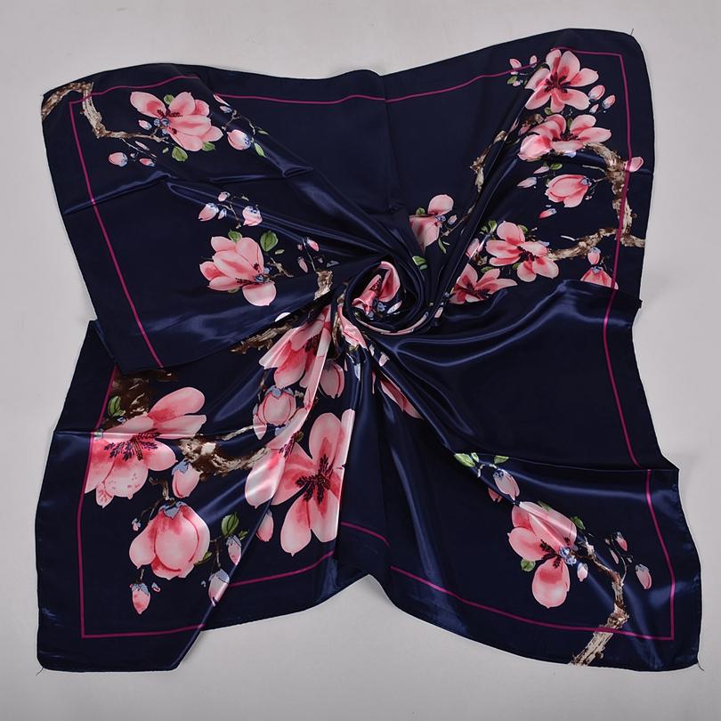 BYSIFA|Navy Blue Pink Silk Square Scarf Printed Women Brand Satin Scarves Shawls China Style Peach Blossom Design Head Scarf