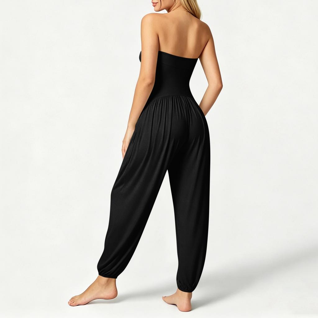 Mono de mujer sin mangas y sin tirantes Cintura elástica Bolsillo Ajuste holgado informal Mono Pantalones largos