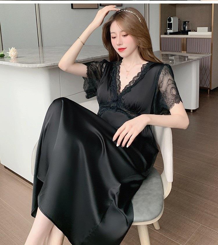 Pajamas Women's Summer Sexy Thin Ice Silk Temperament Spring and Autumn Fairy Fan Fashion Foreign Loose Long Knee Nightdress