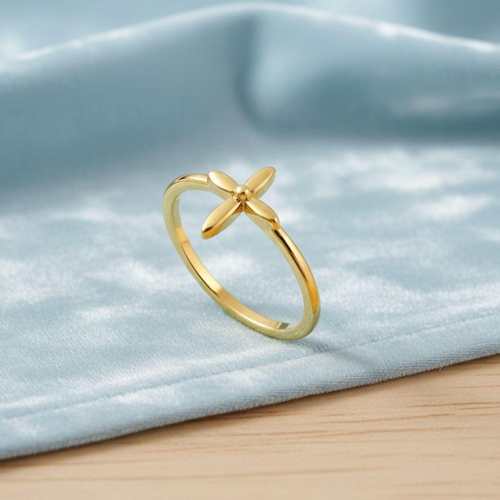 925 Sterlingsilber Gold Vermeil Vierblättriger Floral Minimalistischer Damenring