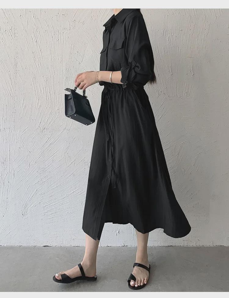 2024 Japanese & Korean Style Sleeveless Pocket Long Swing Casual Lapel Shirt Dress