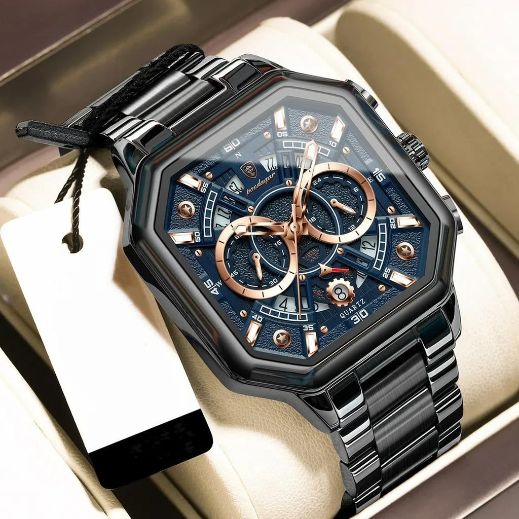 POEDAGAR Luxury Original Men Clock Waterproof Luminous Chronograph Date Man Watch Stainless Steel Quartz Men's Watches