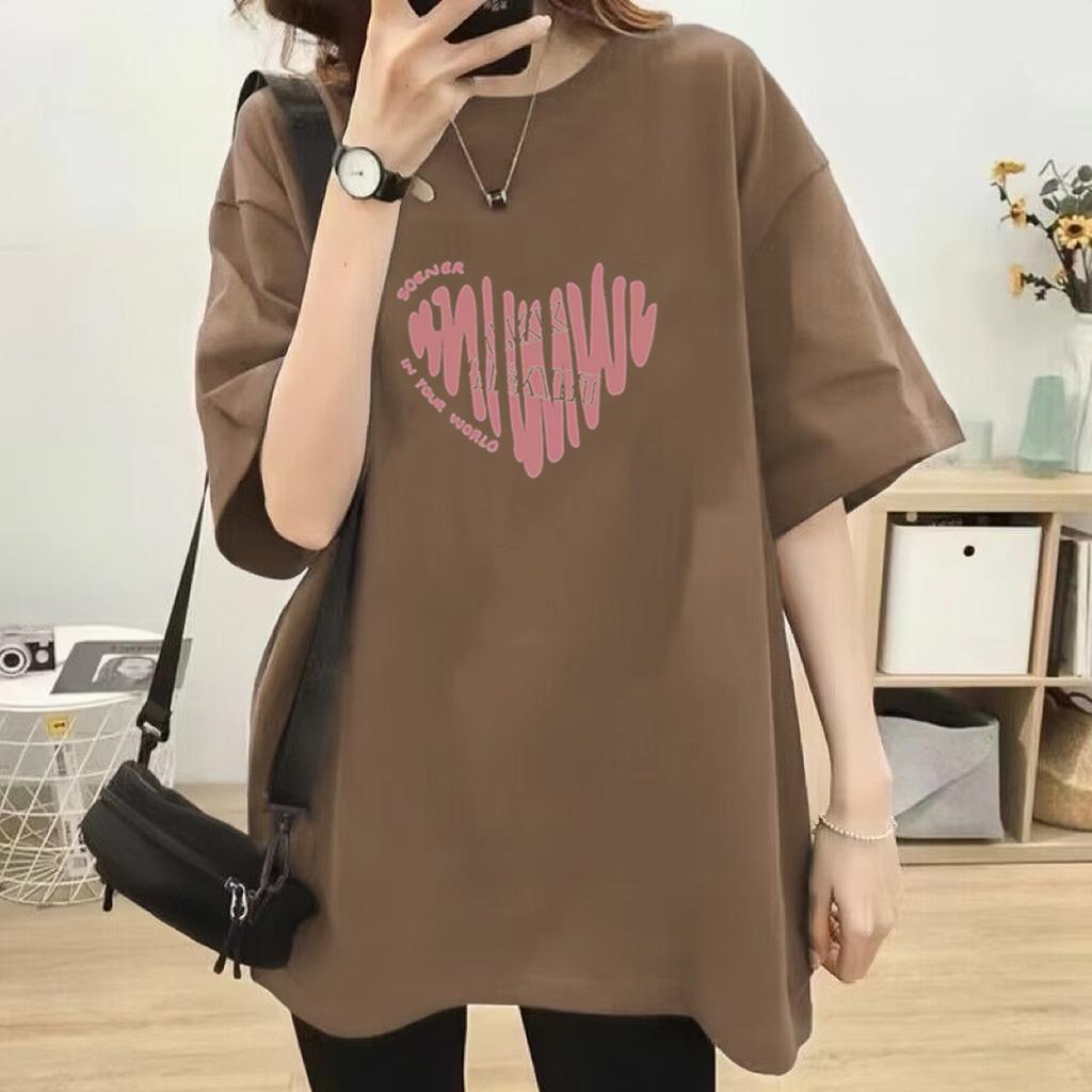 Women Plus Size Cotton T-Shirt Summer Short Sleeve Heart Print Mid-Long Loose Casual Pullover Top For 200lbs
