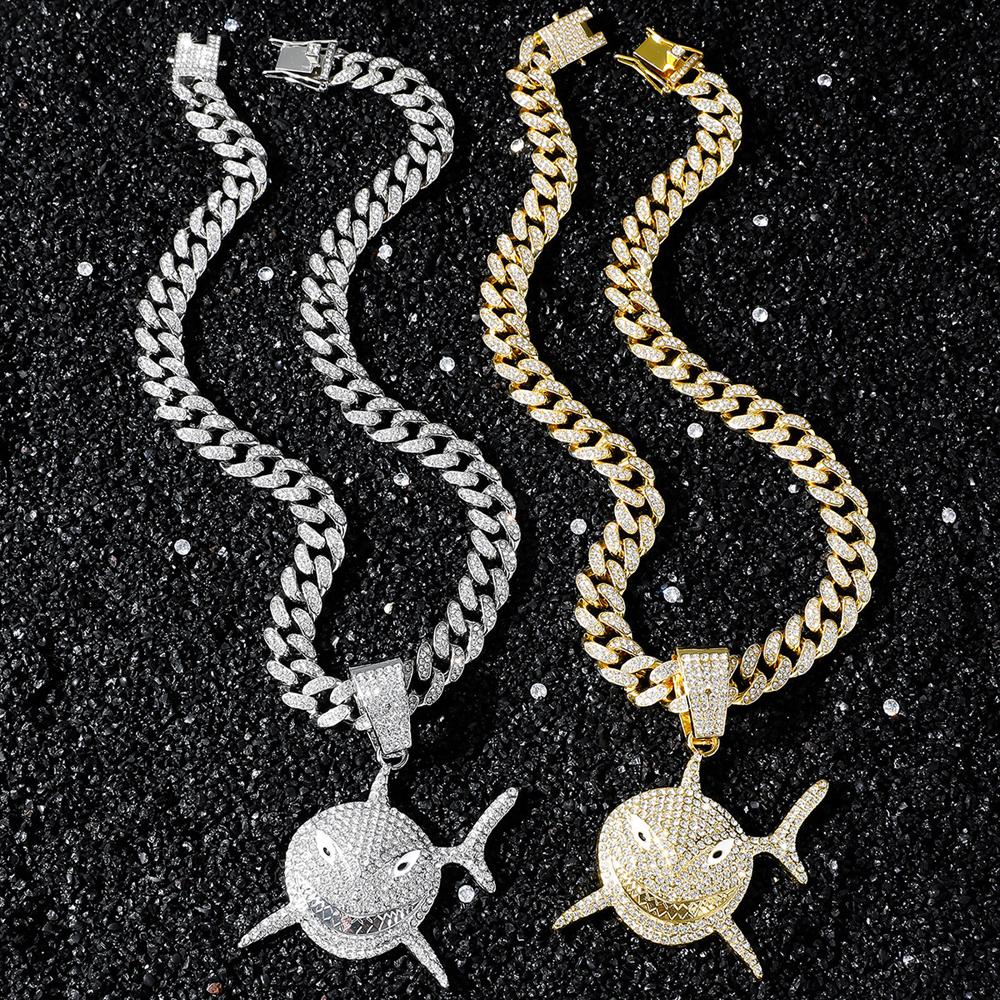 New Arrived Hip Hop Shark Pendant Necklace With 13mm Iced Out Rhinestone Miami Cuban Chain Necklaces Fashion Party Jewelry Gifts