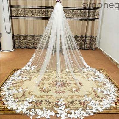 Single Story Cathedral Wedding Veil -3m/4m/5m Ivory Lace Border Bridal Veil with Comb, Real Photo Ivory Decal