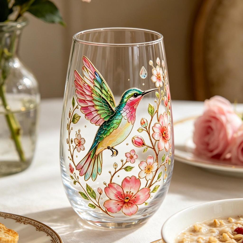 Glass Tea Cup 300ml Bird and Flower Pattern Water Mug Glass Tea Mug for Cafe Home Birthday Party Wedding Whiskey Kitchen Bar