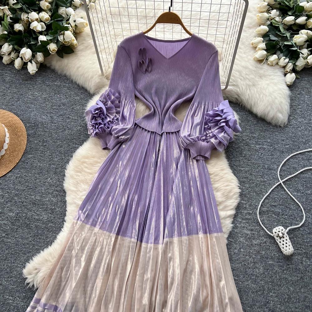 Wiosna Jesień Kobiety Luksus Plus Size Plisy Miyake Kwiat 3D Oversize Luźna Długa Sukienka Maxi Party Plisowana