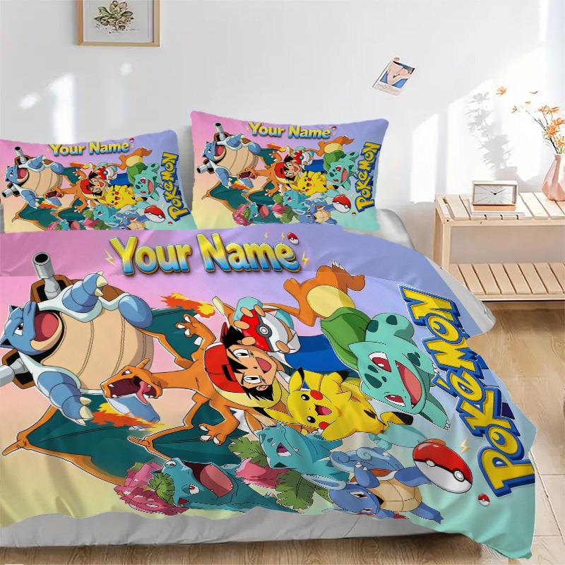 Custom Name Pokemon Bedding 3 Piece Set HD Print Duvet Cover Pillowcases for Teens Adult Home Bedroom Decoration Christmas Gift durable