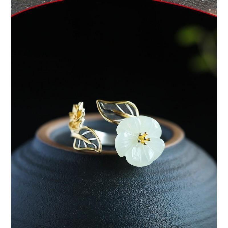Adjustable Open Ring With Plum Blossom Motif Gold Plated Copper Vintage Boho Womens Fashion Jewelry