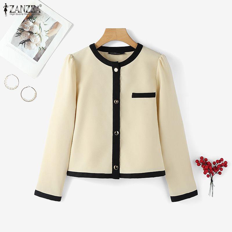 ZANZEA Women Casual Round Neck Splice Long Sleeve Blouse