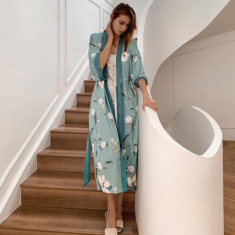

Yaoting Songhe Women s Luxury Tie-up Robe in Blue Satin Chiffon - Spring/Summer Edition 2669 One Size (Recommended for 160cm+, 45-90kg)
