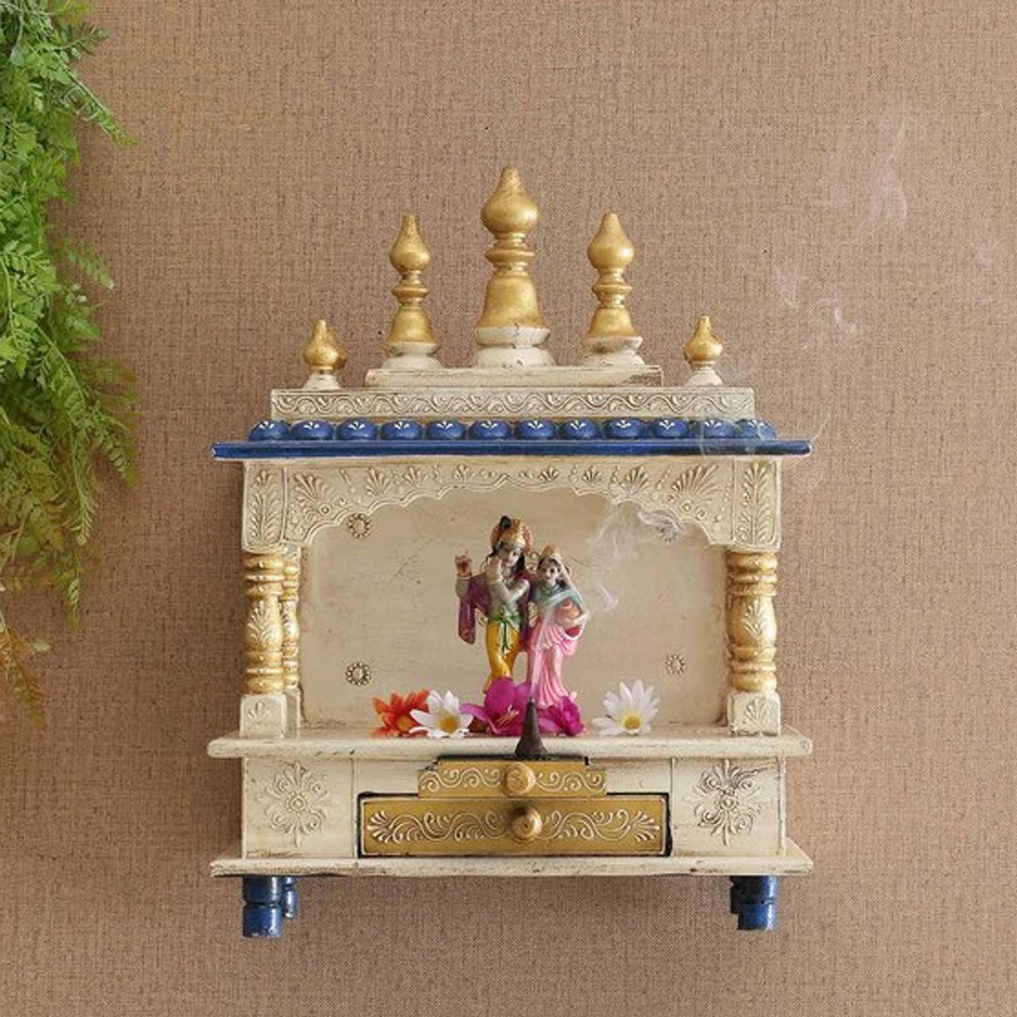 

Handmade Wood Mandir: Embossed Painted Wall Shrine, Puja Ghar 16” X 8” X 24” (l x w x h) разноцветный