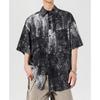 Men's Vintage Distressed Abstract Print Oversized Short Sleeve Button Down Shirt Casual Streetwear Top