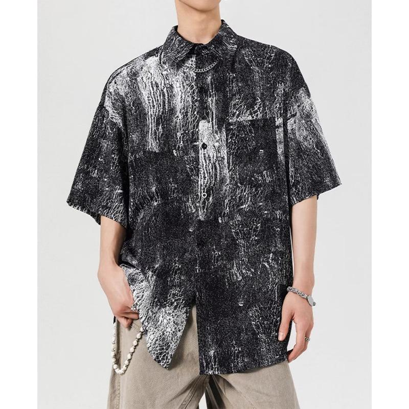 Men's Vintage Distressed Abstract Print Oversized Short Sleeve Button Down Shirt Casual Streetwear Top