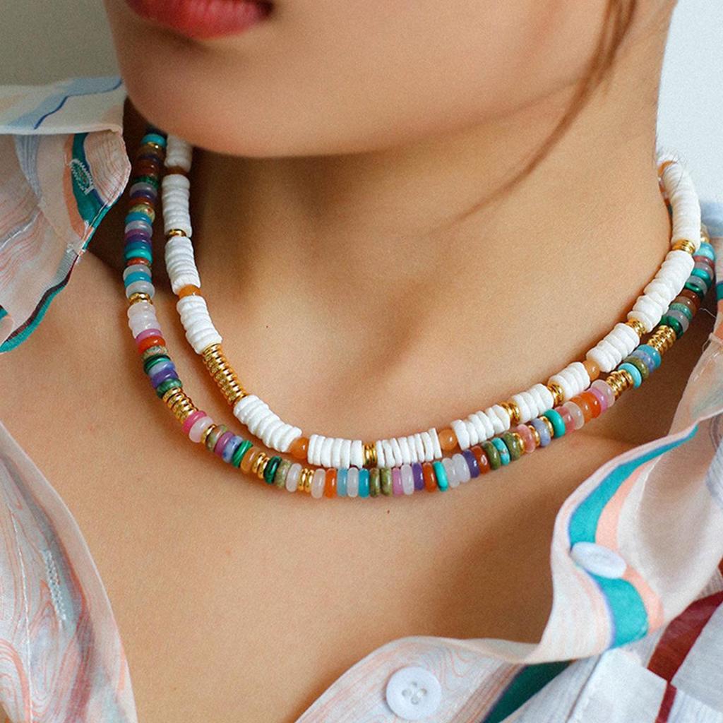 Colorful Stone & Shell Layered Beaded Necklace for Women