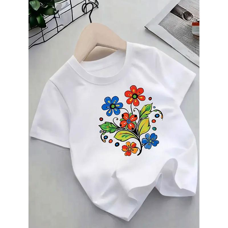 European sizes Short Sleeve Summer Cartoon Flower Pattern Casual Top for Girls – Soft Medium Stretch Knit Crew Neck Tee, Comfortable Everyday Wear,