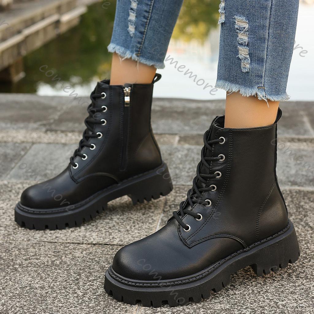 Fashion Comemore Shoes for Woman Bottom Lace-up Leather Ankle Boots Autumn Fashion Women Shoes Lace Up Leather Heeled Bottines Femmes