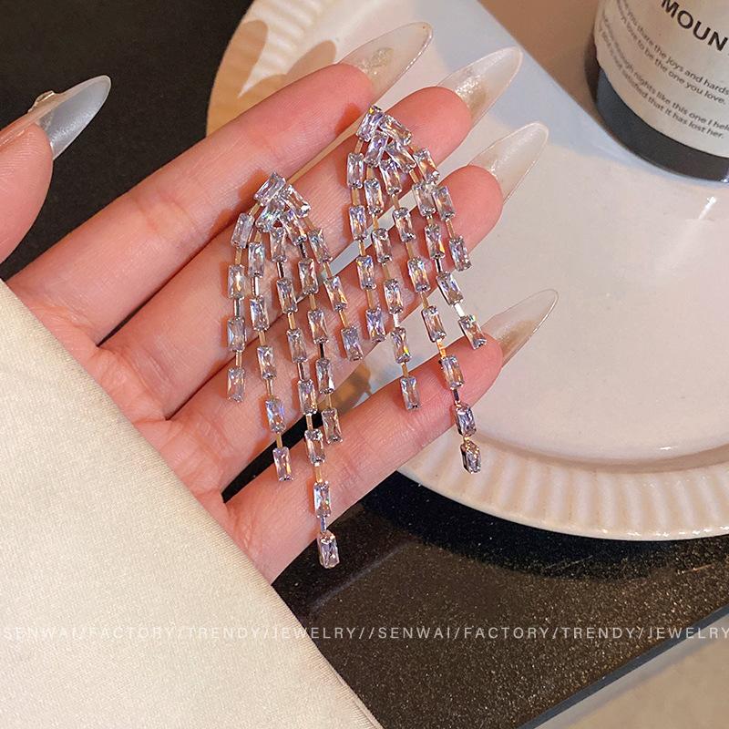 Korean super flash zircon fringed earrings women's light luxury stud earrings unique design earrings