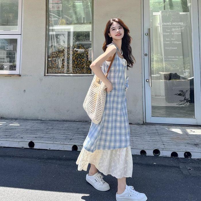 

Girls Blue Plaid Strappy Dress with Lace Patchwork Skirt - New Summer Design XL [130-145 lbs]