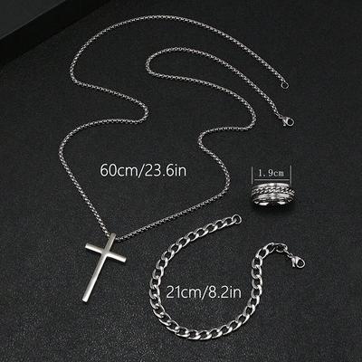 3Pcs Punk Cross Pendant Necklace Bracelet Chain Ring Men'S Set Simple Personality Hip Hop Party Jewelry Accessories