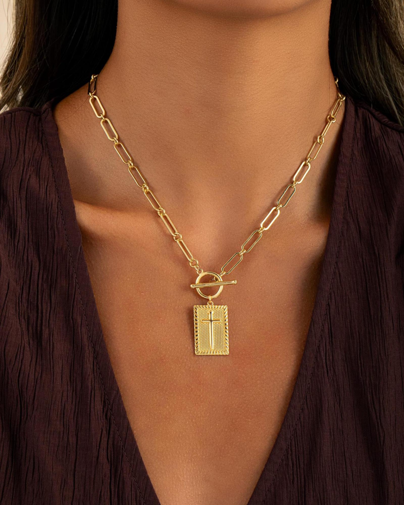 Minimalist Cross Pendant Necklace Geometric Rectangular Lock Pendant Chain Toggle Clasp Link Chain Fashion Accessory for Everyday Wear One Size золотой
