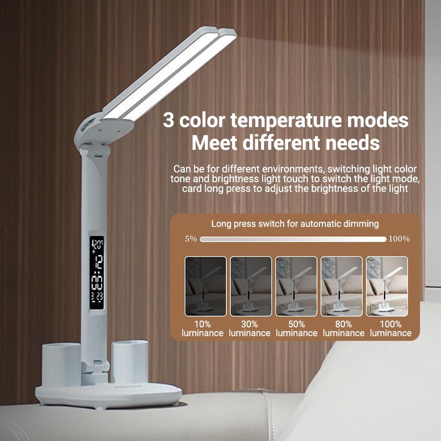 LED Clock Table Lamp 2 Heads 180°Rotate Foldable USB Plugging Dimmable Desk Lamps Eye Protection Desktop Reading Night Lights