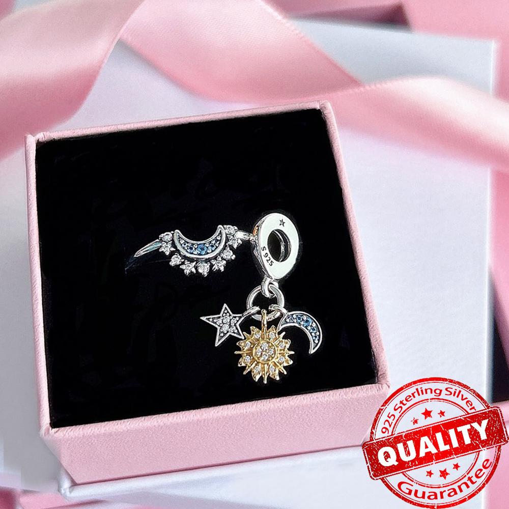 925 Sterling Silver Charm Sparkling Star Moon & Sun Pendant Fit Original Bracelets DIY Women Necklace Jewelry Gift