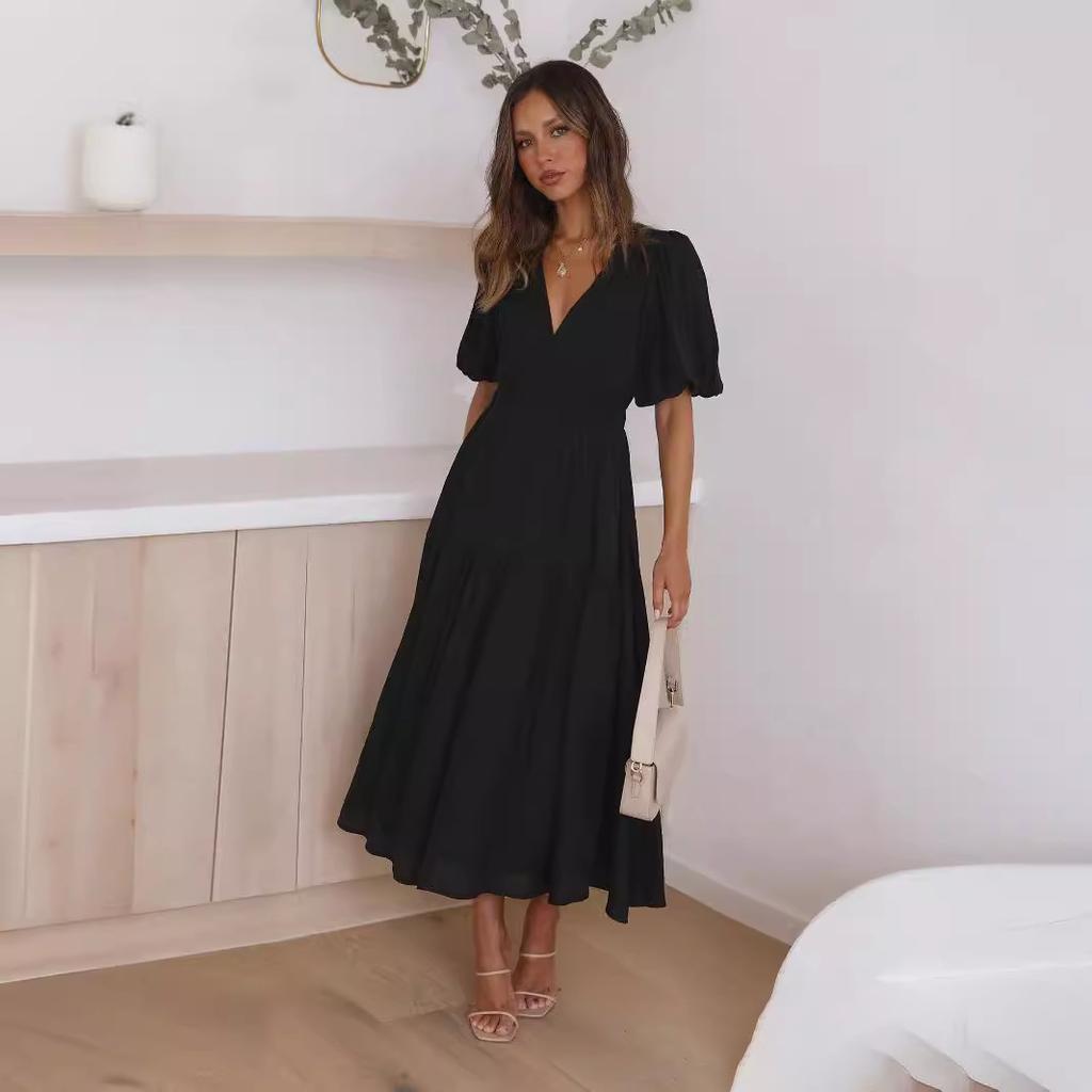Women's V Neck Formal Lace V Neck Maxi Dress Ruffle Fringe Short Sleeve Boho Wedding Guest Long Dresses